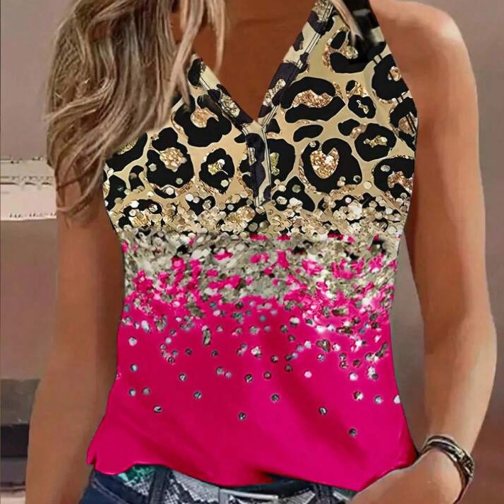 SHEIN Black and Tan Graphic Sequin Tank Top